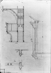 835525 Opstand en doorsnede van de katheder in het Academiegebouw (Munsterkerkhof 29) te Utrecht.